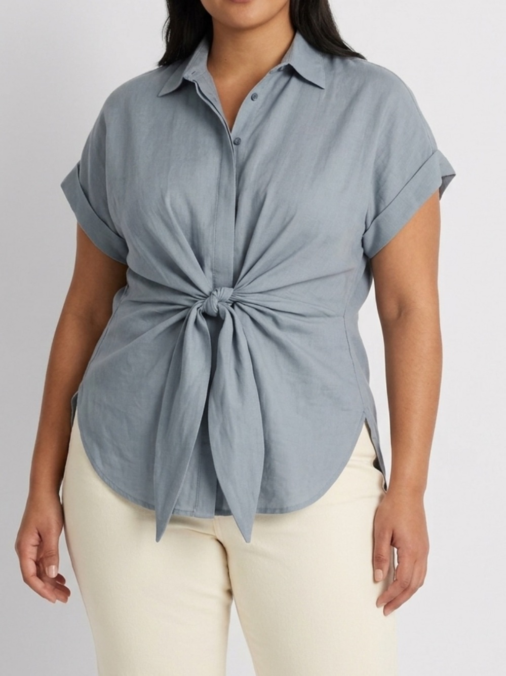 Lauren Ralph Lauren Blue Linen Tie Front Broadcloth Button Up Shirt size 1X